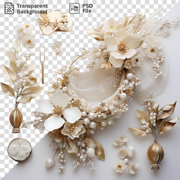 PSD Уникальный набор роскошных свадебных аксессуаров, выставленный на прозрачном фоне, украшенном белыми цветами