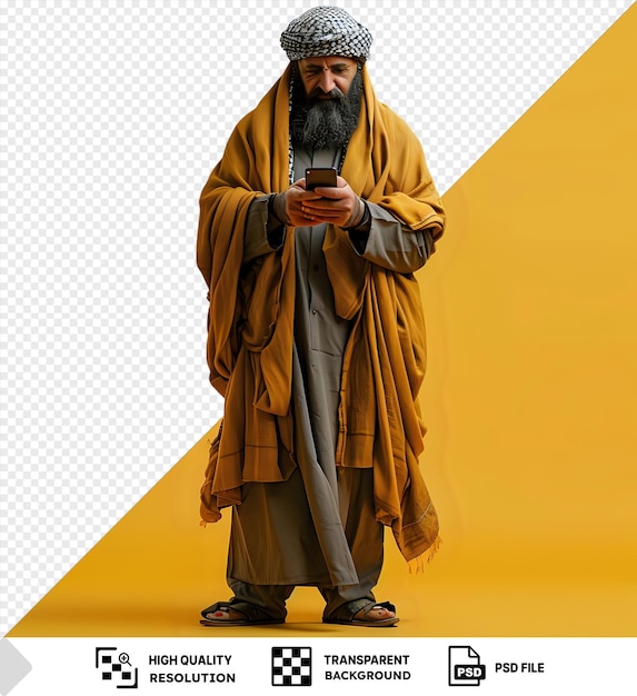 PSD unique man in kaffiyeh and thobe with a phone in hands png