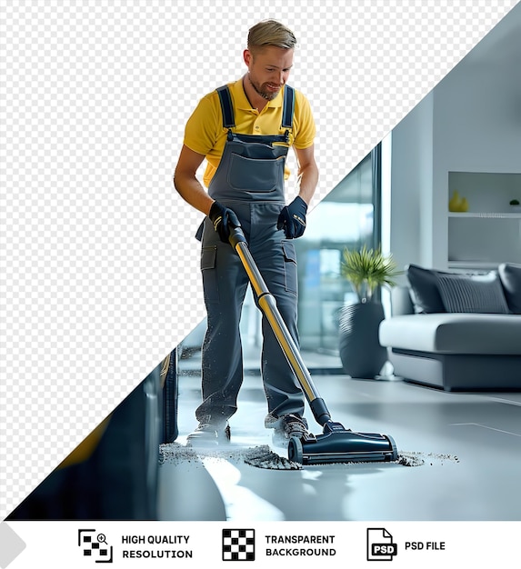 PSD unique man in overalls vacuuming car interior with potted plant and gray pillow on white floor png