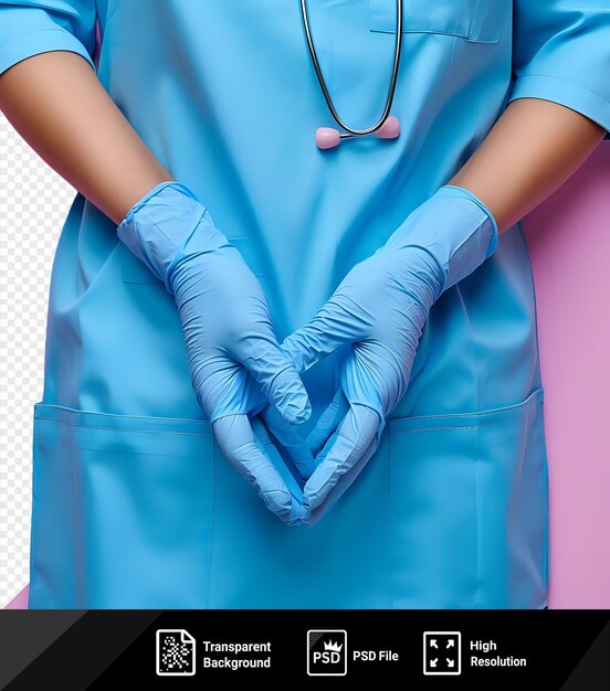 PSD unique medical equipment including a blue glove glasses and pocket displayed against a pink wall with a persons arm visible in the foreground png psd