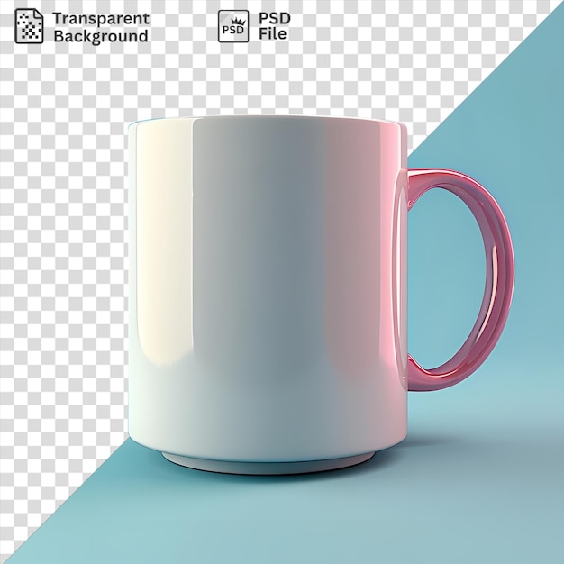 Tazza unica con maniglia rosa su tavolo blu contro parete blu