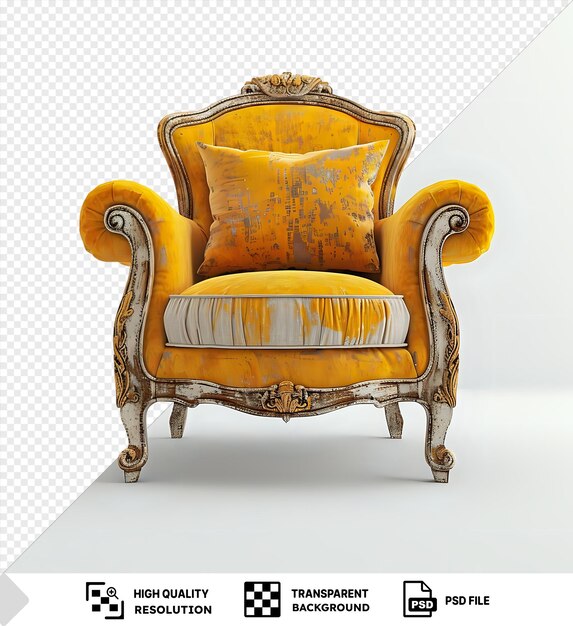 PSD unique old vintage yellow armchair png clipart featuring a wood leg yellow cushion and curved armrest against a white wall and floor with a white shadow adding depth to the scene png psd