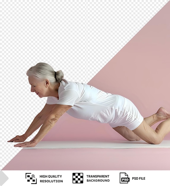 PSD unique plank pose of a woman with blond and gray hair wearing a white shirt and bare feet standing in front of a pink wall with her hand visible in the foreground png