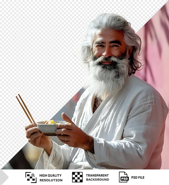 PSD unique pleased bearded gray haired male eating food with chopsticks outside wearing a white shirt and gray beard with a silver ring on his hand and a white bowl in front of him png