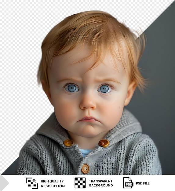 PSD 심각한 표정을 가진 어린 아기의 독특한 초상화 회색 스웨터와 금발을 입고 파란 눈을 특징으로 작은 코와 스웨터에 갈색과 금색 버튼 png