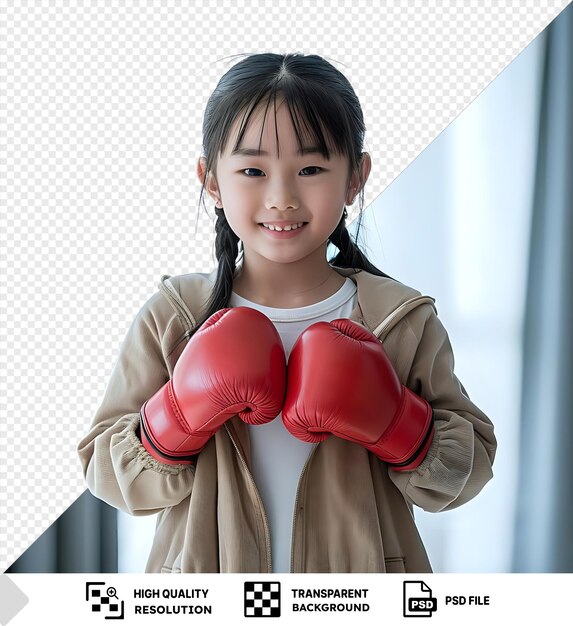 PSD unique portrait of smiling asian kid girl with black hair red boxing gloves looking at camera while standing in room under light png psd