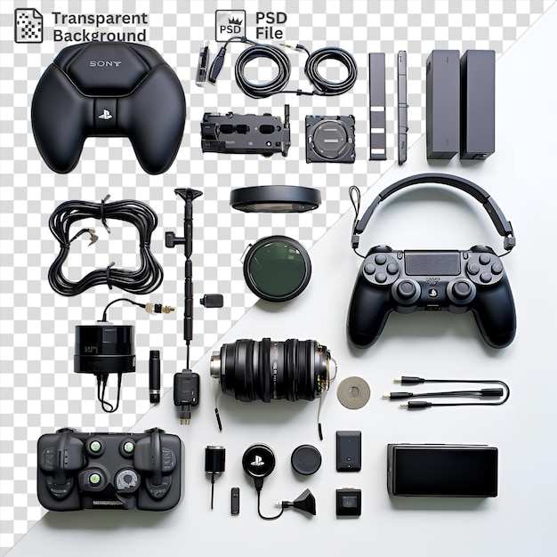 PSD unique professional gaming gear set displayed on a transparent background featuring black headphones a black camera and a silver and black camera