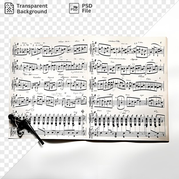 PSD unique realistic photographic composers sheet music displayed on a isolated background accompanied by a pair of black scissors and a black handle