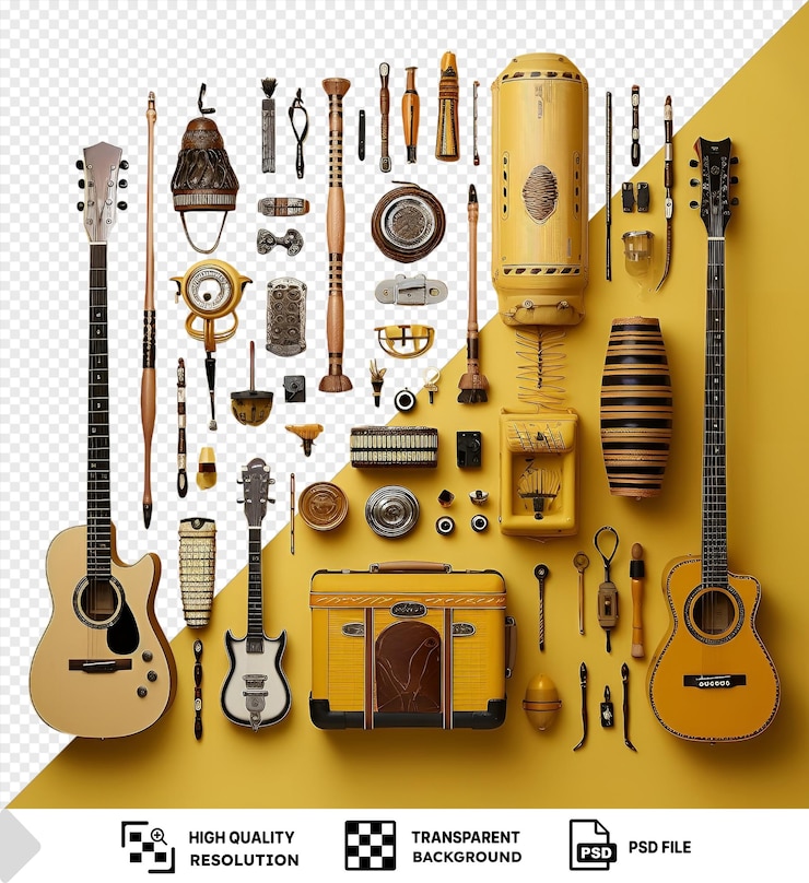 PSD unique realistic photographic ethnomusicologists traditional instruments displayed against a yellow wall featuring a brown guitar a yellow box and a black guitar
