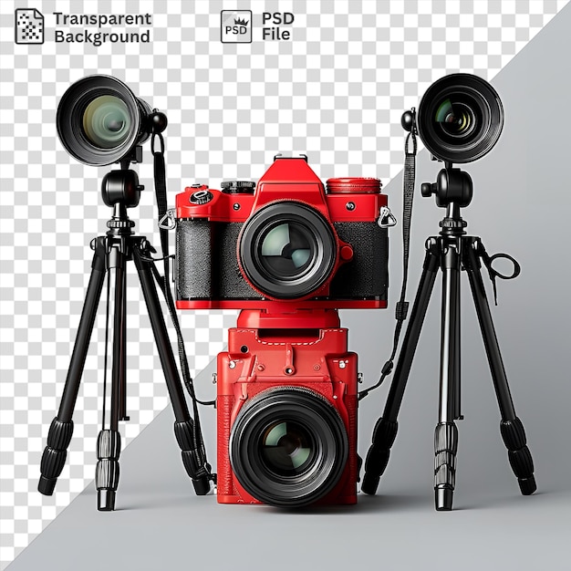 PSD unique realistic photographic photographers photography equipment including a black tripod red camera and black and red camera arranged on a black tripod
