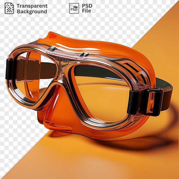 PSD unique realistic photographic swimmers goggles cast a shadow on an orange table with a black handle visible in the foreground