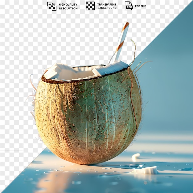 Unique refreshing coconut water in a coconut shell with a straw