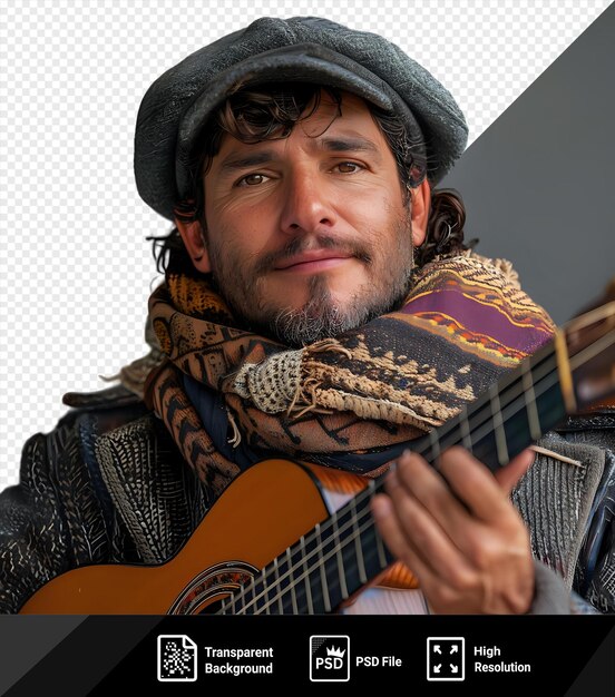 Unique sad musician who gently holds a broken guitar png psd