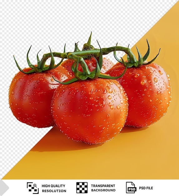 PSD unique seasonal fresh tomatoes isolated with clipping path on yellow background featuring a red tomato and a green stem png