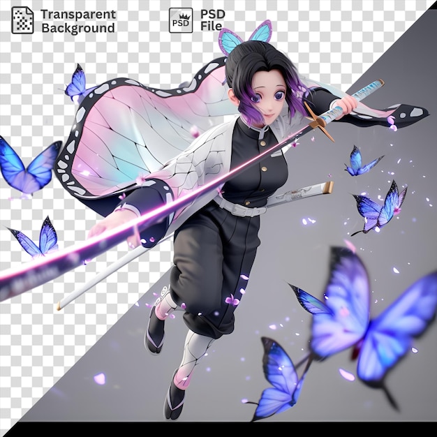 PSD unique shinobu kocho from demon slayer wields a sword amidst a colorful array of butterflies including blue purple and blue and purple varieties while wearing black pants