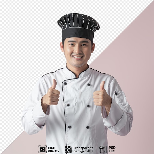 PSD unique smiling young male chef wearing uniform looking camera showing thumbs up