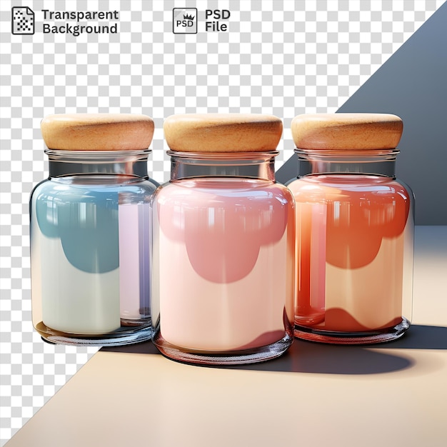 Unique spice jars of various colors and sizes are displayed on a transparent background against a blue wall with a black shadow in the foreground Premium AI generated PSD