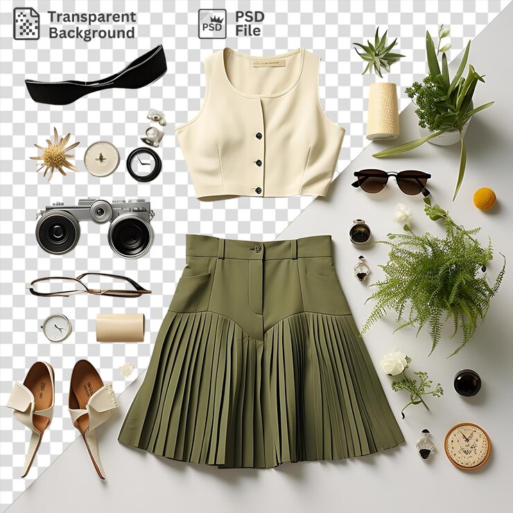 PSD unique summer fashion set featuring a green skirt white shirt and brown sandals complemented by a silver camera and small clock on a transparent background