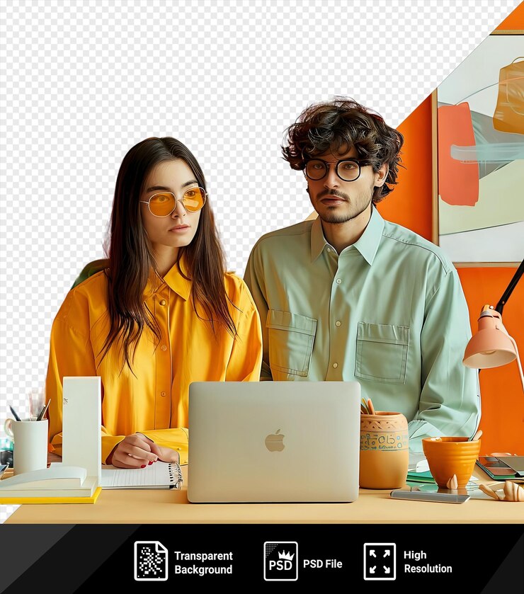 PSD unique two office workers focused on their work amidst a colorful backdrop of a green plant orange wall and white door one man wears a blue shirt and black glasses while the other has long png psd