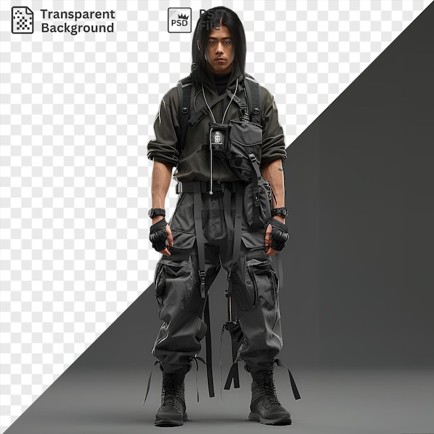 Unique urban millitary cybernetic cargo baggy pants cyberpunk robotic machine of man model half length body machine front shot