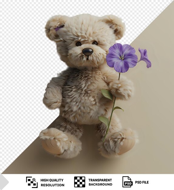 PSD unique vintage teddy bear with purple flower and green leaf featuring furry ears black eyes and a brown and black nose png