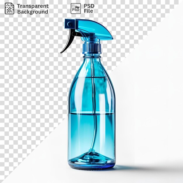 Unique water bottle with a blue top and black shadow on a white background