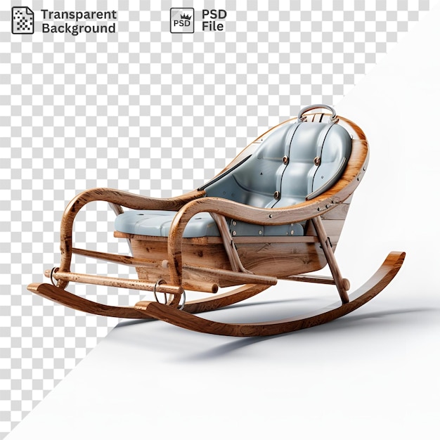 PSD unique wooden rocking chair with blue cushion and brown armrest on white floor casting a dark shadow