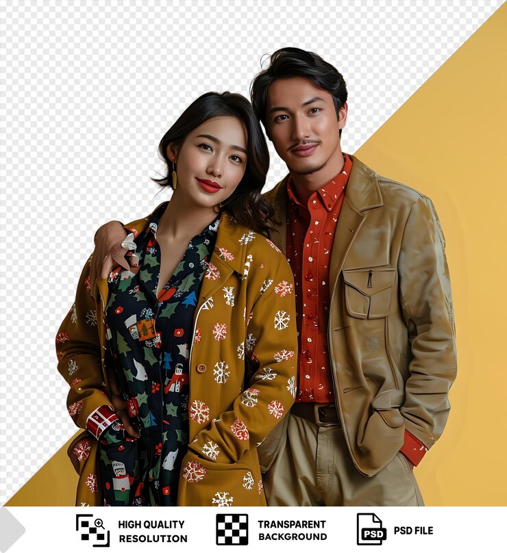 PSD unique young couple on xmas day posing in front of a yellow wall with the man wearing a red shirt and brown pants and the woman wearing a black dress and black and brown hair png