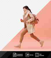 PSD unique young woman rushing and being late and feeling stressed while walking wearing a white coat and carrying a brown purse with a white sock visible on her left foot and a hand in the fore png psd