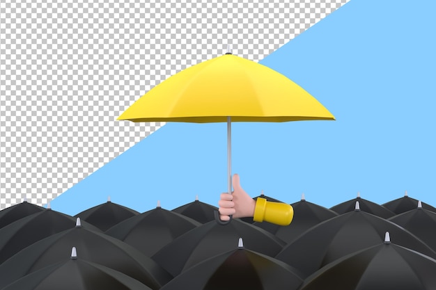 Uniqueness and individuality hand holding a yellow umbrella among people with black umbrellas