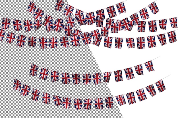 PSD united kingdom flag bunting rope decoration set small flag celebration 3d rendering