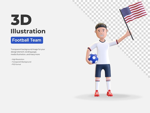 ボールと国旗の3dレンダリングイラストを保持している米国のサッカー選手の男