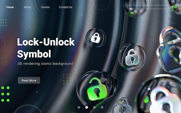 unlock and lock icon inside bubble geometric shapes on colorful abstract dark background 3d render