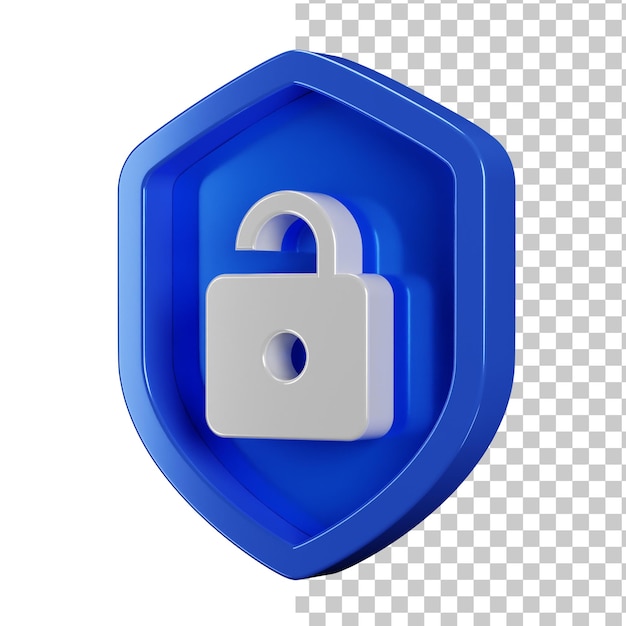 Unlock icon badge with 3d view blue security shield design