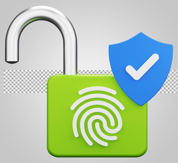 Unlocked padlock with fingerprint on transparent background 3D Render