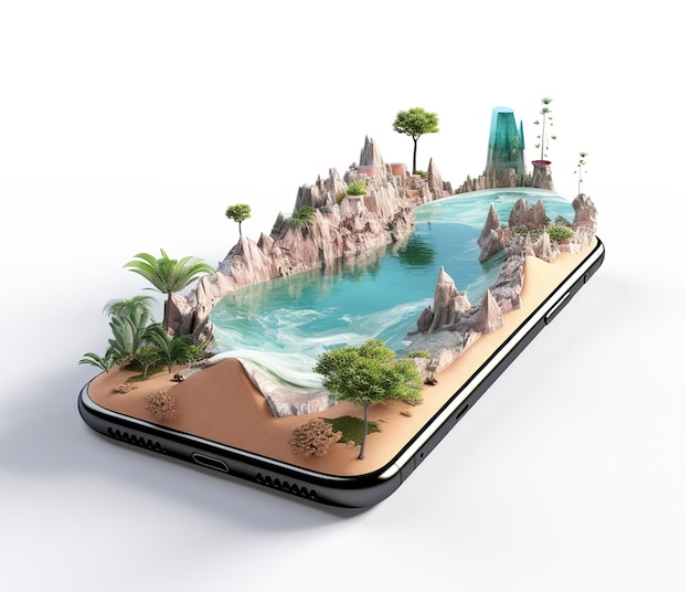 Unusual 3d illustration of a tropical island with palm trees blue ocean and on a smartphone isolated