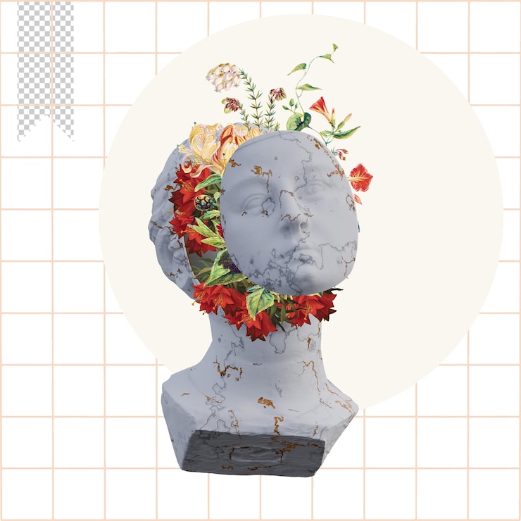 PSD unwise virgin statues 3d render collage with flower petals compositions for your work