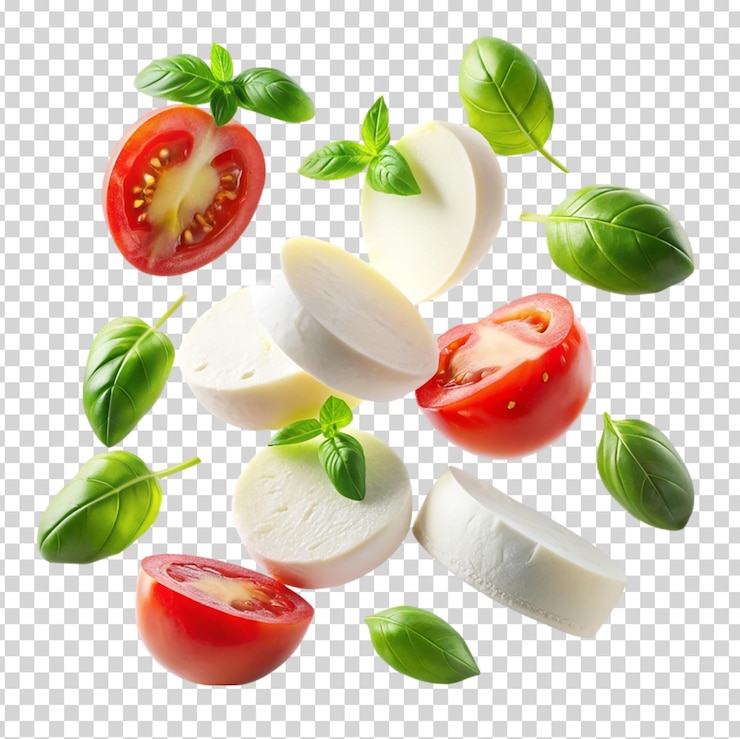 Upadek warzyw i sera na przezroczystym tle