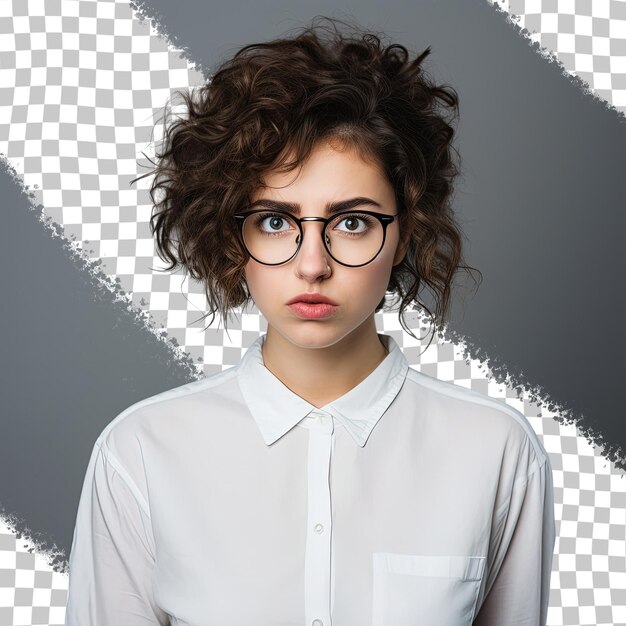 PSD an upset young woman with curly brunette hair wearing a white shirt and glasses stands alone against a transparent background with room to spare