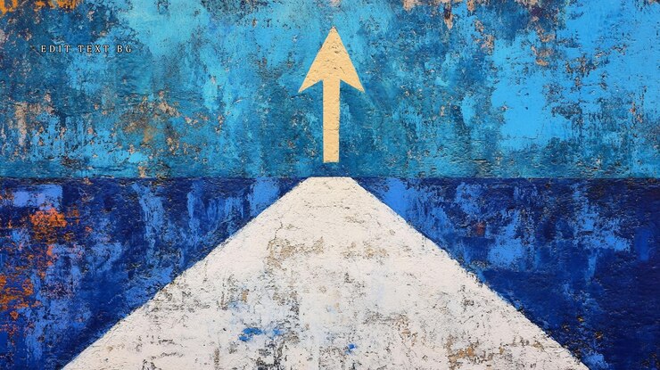 PSD upward arrow painted on textured blue and white wall