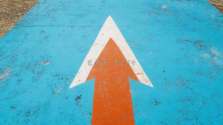 PSD upward orange and white arrow painted on blue asphalt