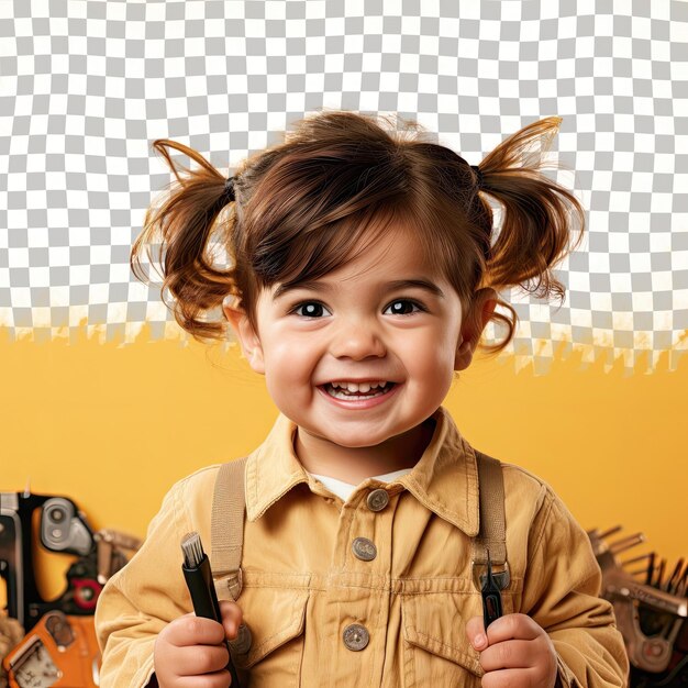 Uralic preschooler in miner attire excited stylish with short hair posed against pastel yellow backdrop