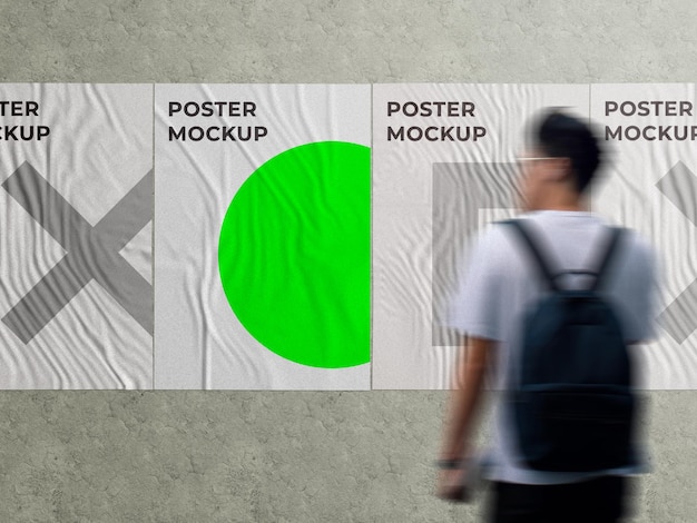 PSD urban advertising wall glued street poster mockup on grung wall with walking person