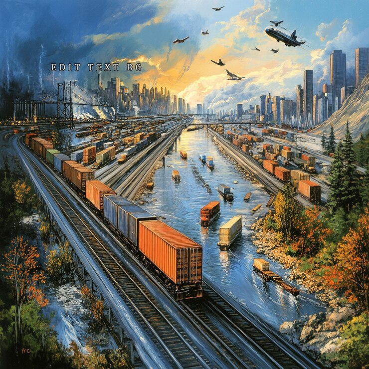 PSD urban cityscape with industrial harbor railway and air traffic at sunset