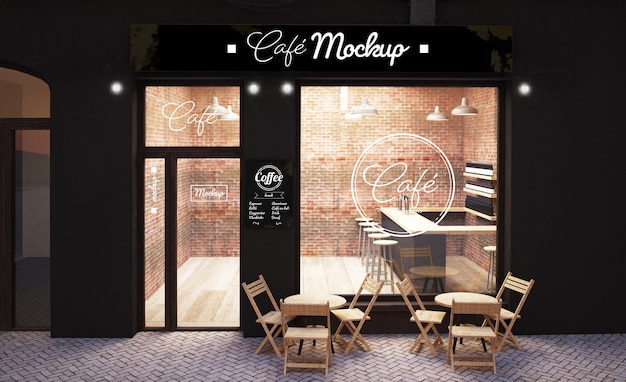 Urban coffee store front display mockup 3d rendering