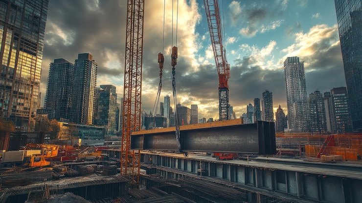 PSD urban construction scene with cranes and skyline