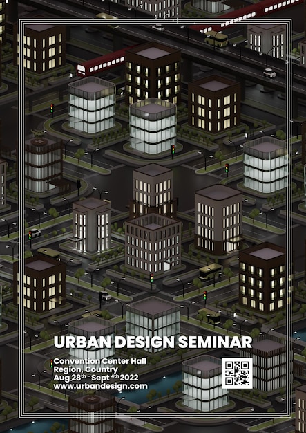 PSD urban design seminar flyer template with isometric 3d illustration