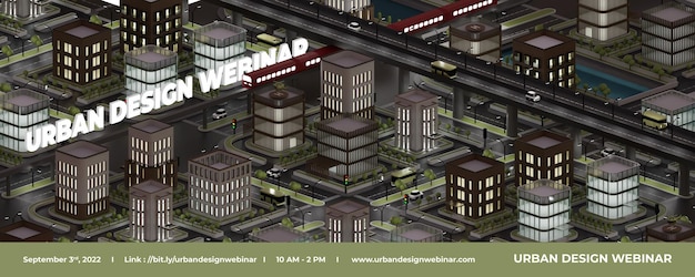 PSD Шаблон веб-баннера городского дизайна с фоном 3d-иллюстрации