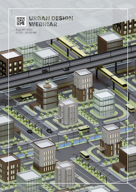 PSD urban design webinar flyer template with isometric 3d illustration