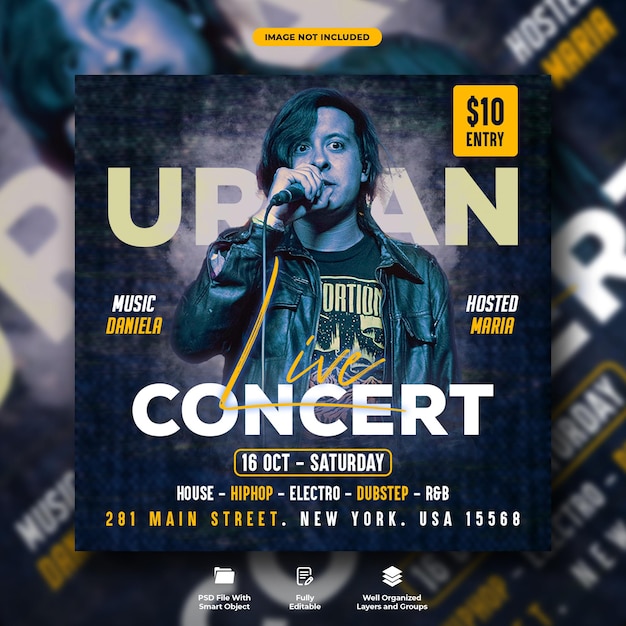 PSD urban live concert flyer en muziek social media postsjabloon